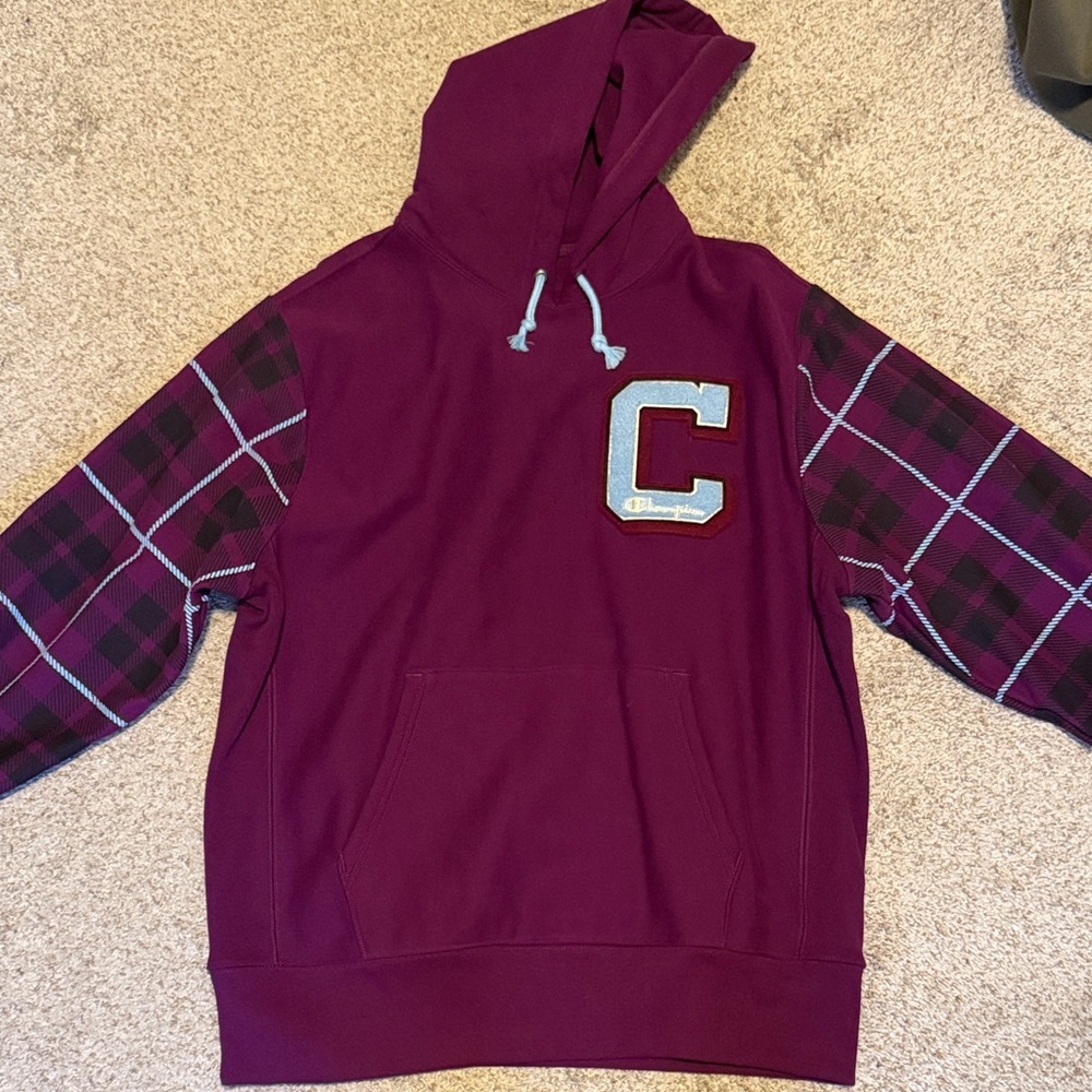 Champion Reverse weave Maroon Hoodie with Plaid Sleeve